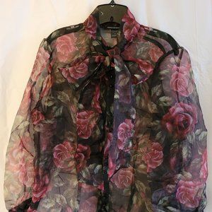NWT ASHLEY STEWART FLORAL ORAN BLK SHEER TIE NECK